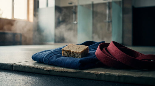 Soap bar on a folded BJJ gi at the edge of a training mat
