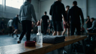 A rinse-free mist bottle and towel at a competition venue