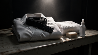 Clean folded jiu jitsu gi with black belt, towel, soap bar and spray bottle on a changing-room bench