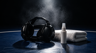 Wrestling headgear with ear guards, towel and spray bottle on a blue wrestling mat with mist in the air