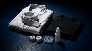 Jiu jitsu equipment for beginners: white gi and belt, rashguard, finger tape, gum shield and hygiene spray on a mat