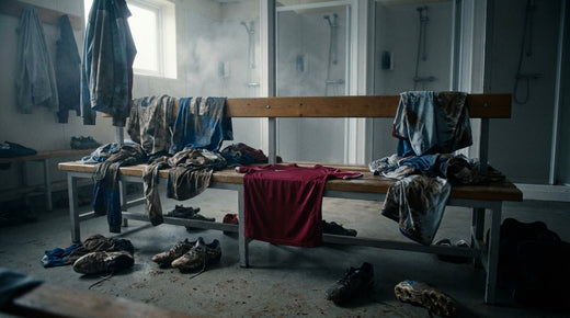 Post-match rugby changing room with discarded muddy kit - the golden 20-minute hygiene window after a match