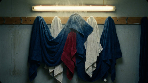 Multiple rugby towels hanging together on a shared peg rail - why sharing towels and razors spreads infection