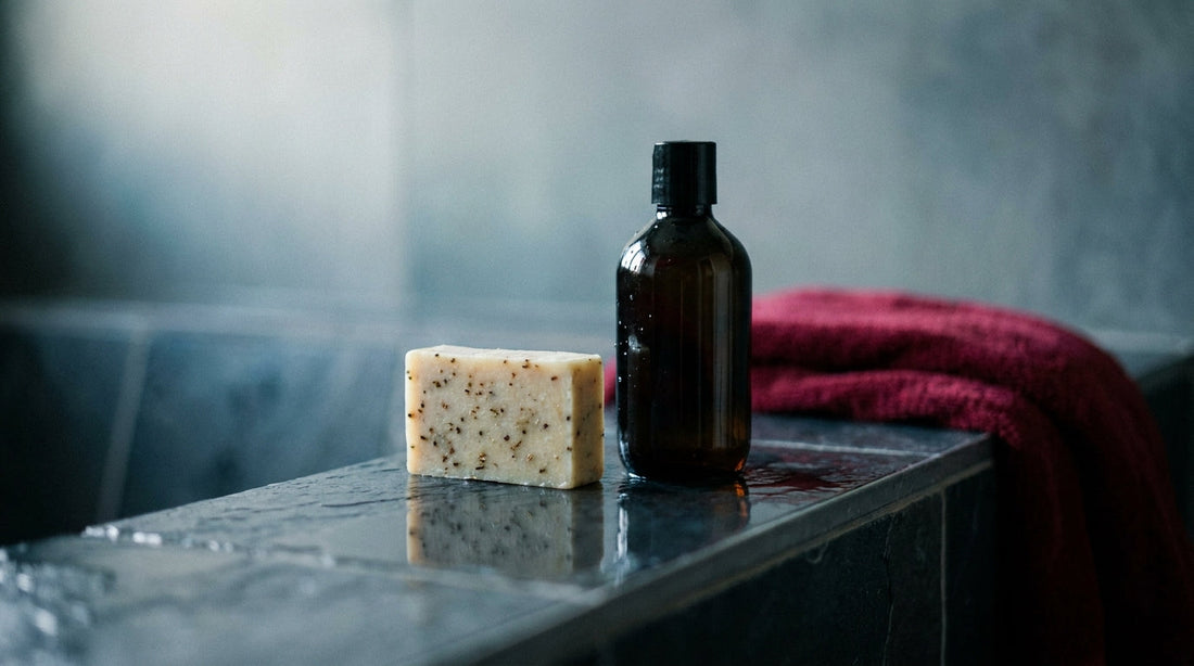 A soap bar beside a body wash bottle on a wet ledge