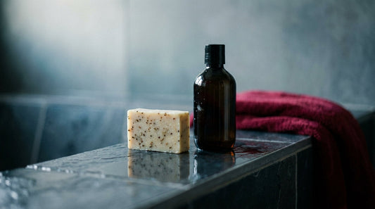A soap bar beside a body wash bottle on a wet ledge