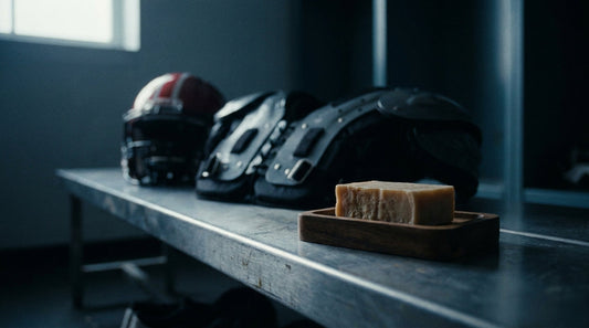 Soap bar on a locker-room shelf with American football pads behind
