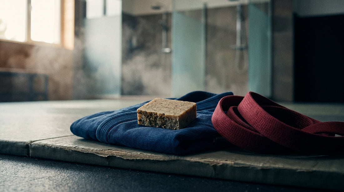 Soap bar on a folded BJJ gi at the edge of a training mat