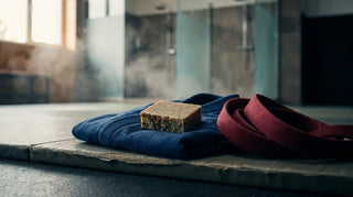 Soap bar on a folded BJJ gi at the edge of a training mat