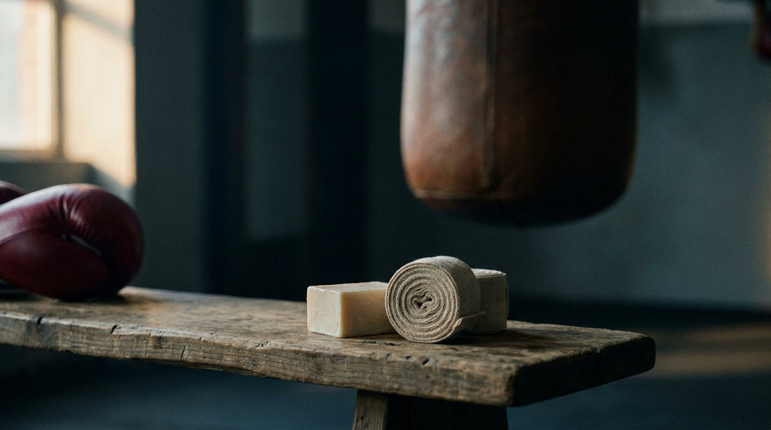 Soap bar and hand wrap on a bench in a boxing gym