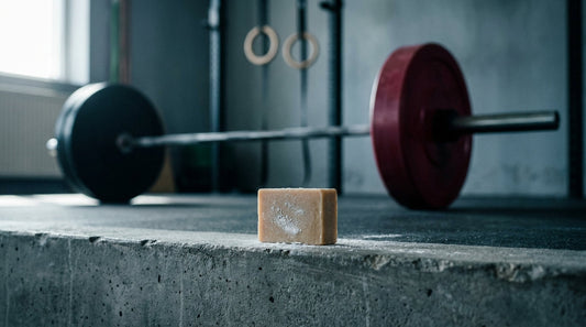 Chalk-dusted soap bar on concrete in a CrossFit box