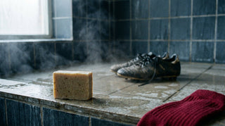 Soap bar on a shower ledge with muddy football boots behind
