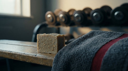 Soap bar and towel on a gym locker bench with dumbbells behind