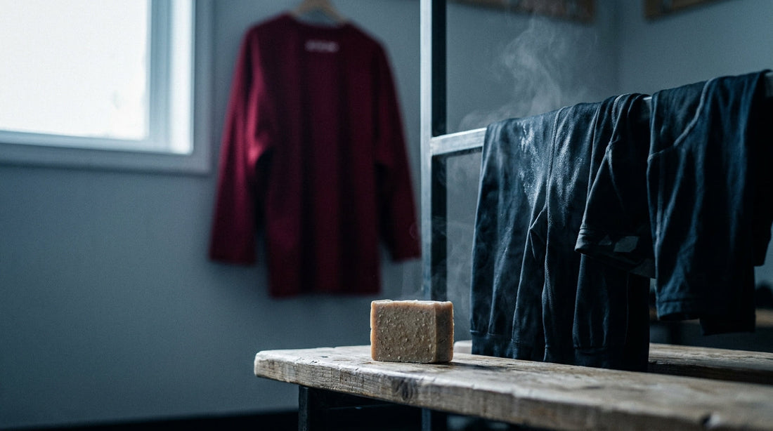 Soap bar on a bench with ice hockey gear drying behind