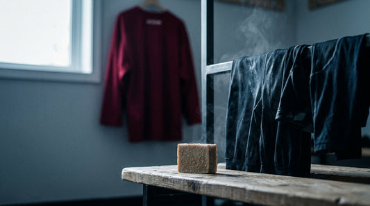 Soap bar on a bench with ice hockey gear drying behind
