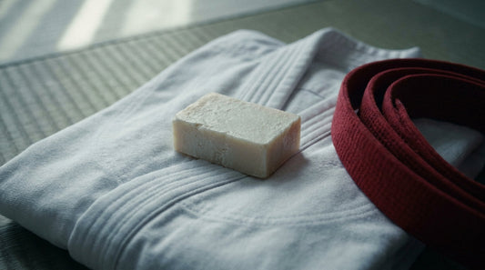 Soap bar on a folded white judo gi with a crimson belt