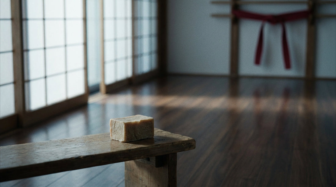 Soap bar on a wooden dojo bench in a traditional martial arts hall