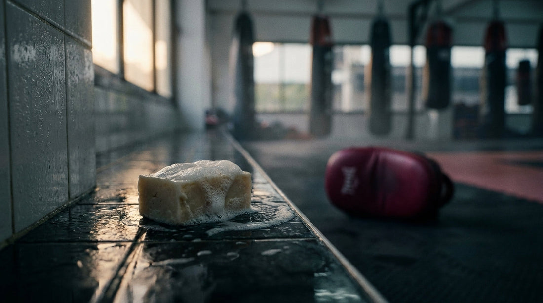 Lathered soap bar on a humid ledge in a Muay Thai gym
