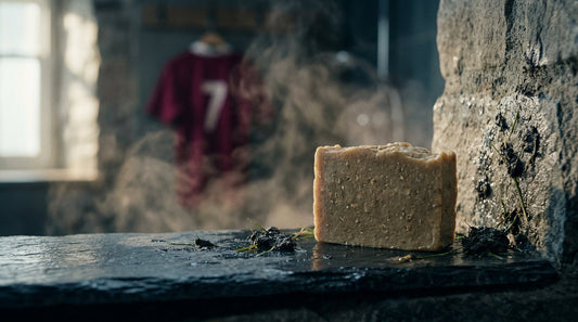 Natural soap bar on a wet slate ledge in a rugby changing room