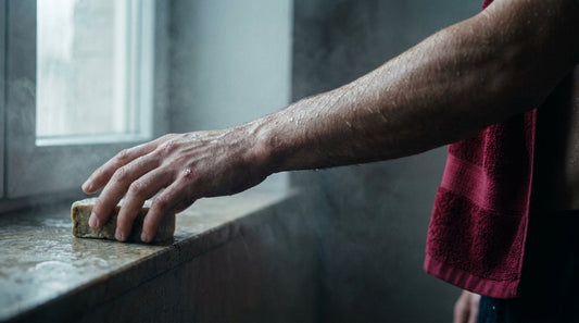 Athlete reaching for natural soap bar after an intense training session