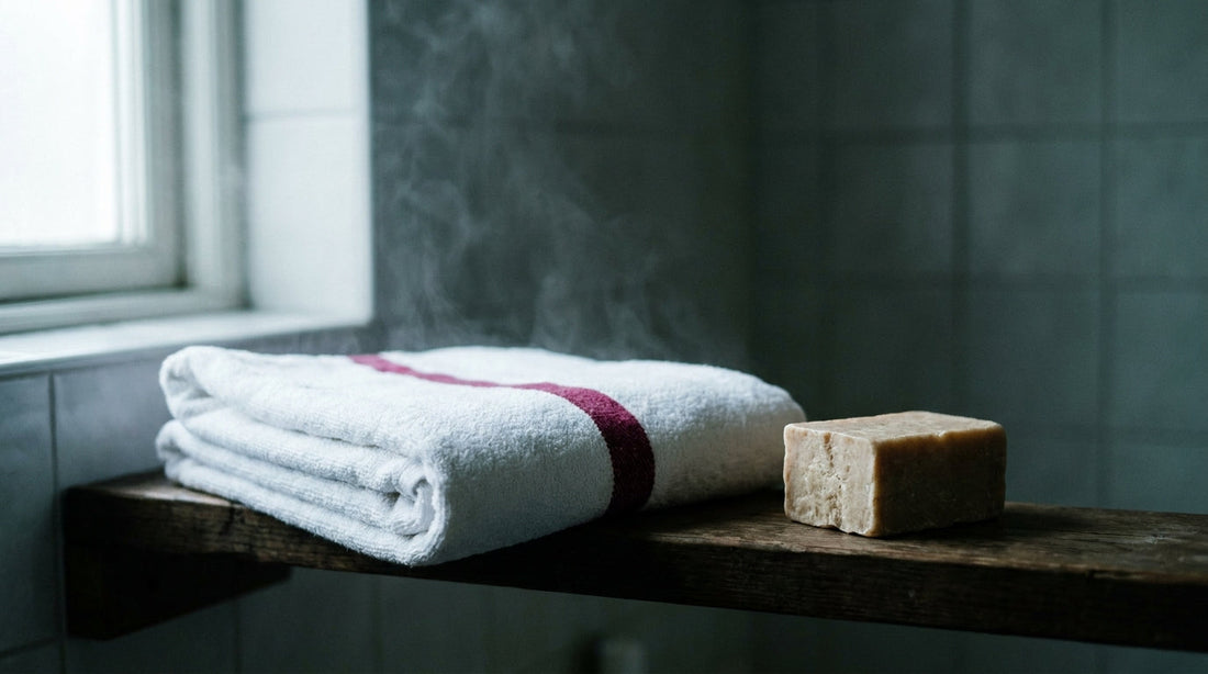A folded towel and natural soap bar on a bright bathroom shelf