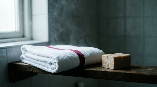 A folded towel and natural soap bar on a bright bathroom shelf