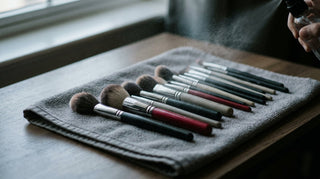 Makeup brushes laid on a towel being refreshed with a fine hygiene mist