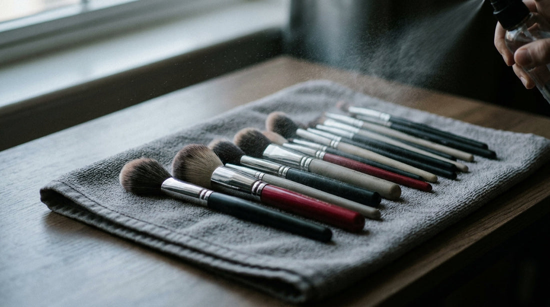 Makeup brushes laid on a towel being refreshed with a fine hygiene mist