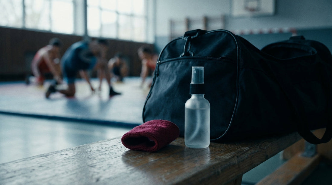 A portable skin mist bottle in a kit bag at a competition venue