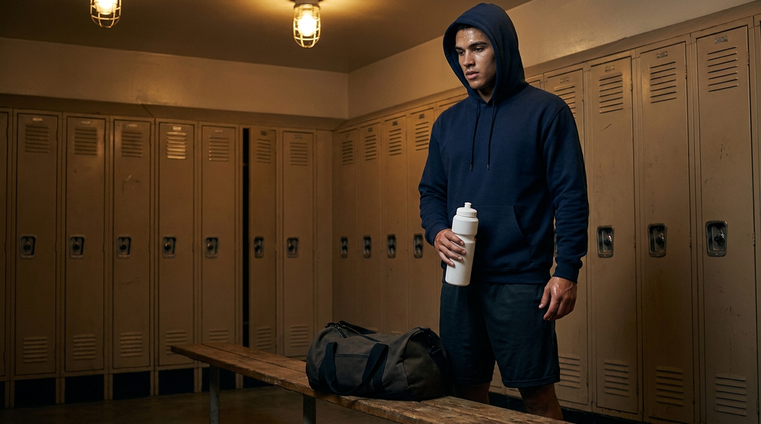 High school wrestler in a locker room holding body wash after practice