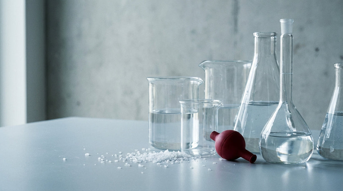 Electrolysed water and HOCl: clean glass vessels of clear brine in soft science-lab light