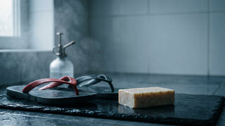 Soap bar, flip flops and mist bottle on a shower tray for foot hygiene