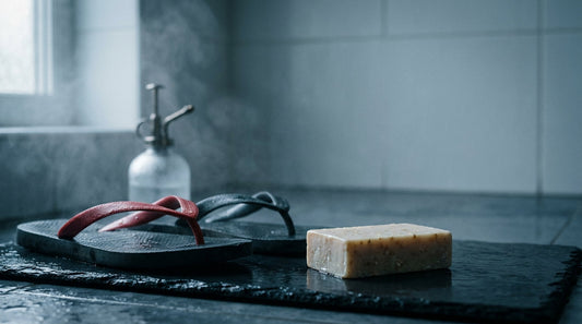 Soap bar, flip flops and mist bottle on a shower tray for foot hygiene