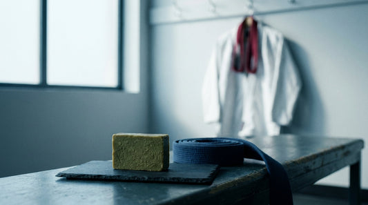 Natural soap bar for grappling on slate surface beside a BJJ belt