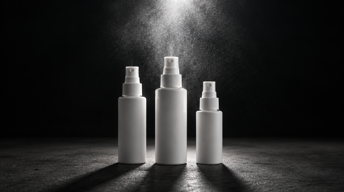 Three white hypochlorous acid spray bottles of different sizes on dark concrete with a fine mist above them