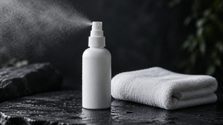 Hypochlorous acid face spray misting on wet slate beside a folded white face towel