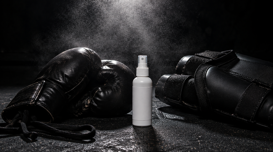 Hypochlorous acid cleaning spray bottle between boxing gloves and shin guards on a gym floor, mist in the air