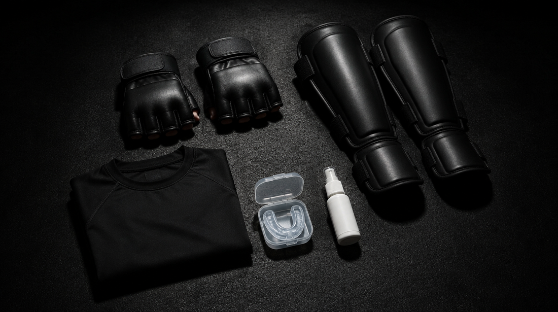 MMA equipment for beginners: MMA gloves, shin guards, gum shield, rashguard and hygiene spray on a gym floor