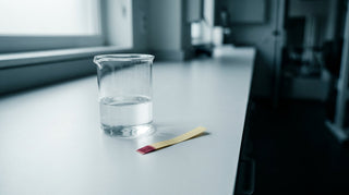 Hypochlorous acid pH stability: a clean pH test strip and clear solution in soft lab light