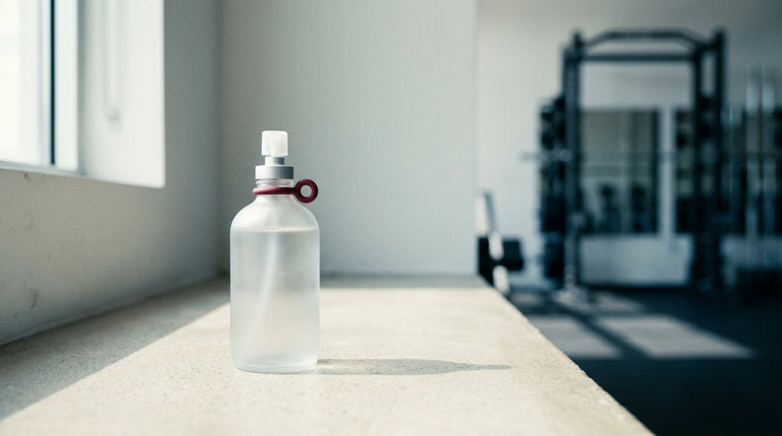 Hypochlorous acid PPM for skin: a matte spray bottle of clear mist in clean studio light
