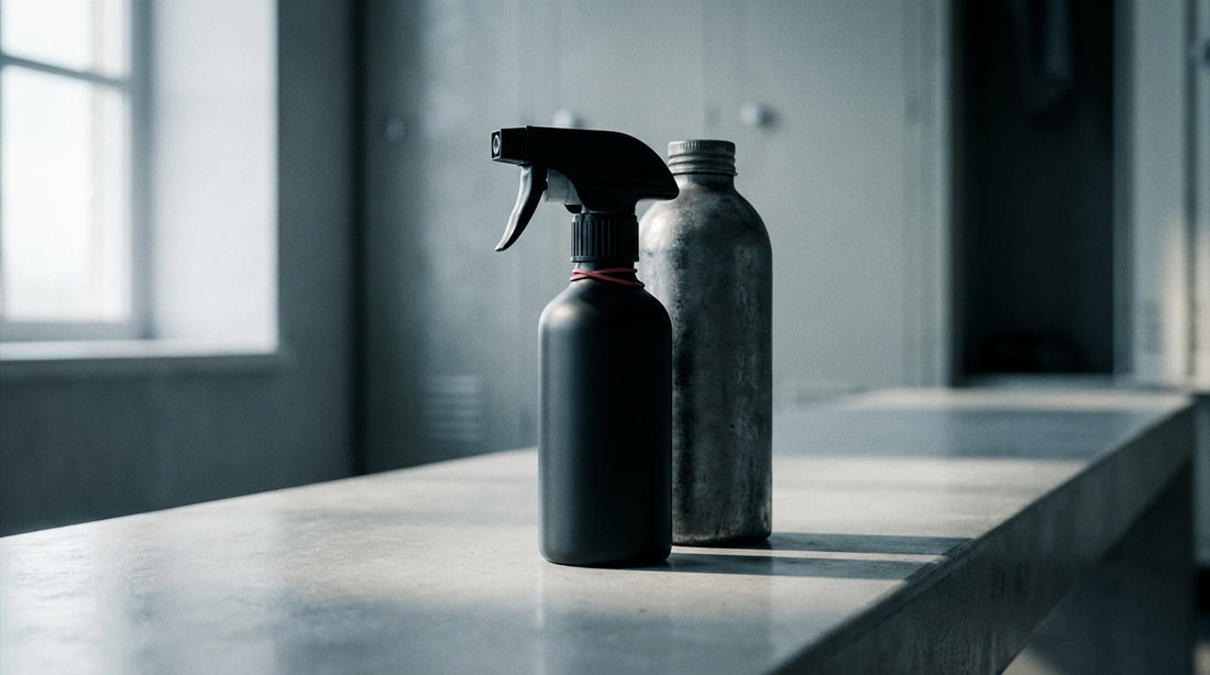 HOCl vs bleach: a matte skin-mist bottle apart from a harsh household bleach bottle