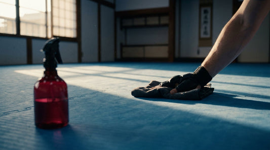 How to clean BJJ mats: blue jiu-jitsu mats being wiped down after training