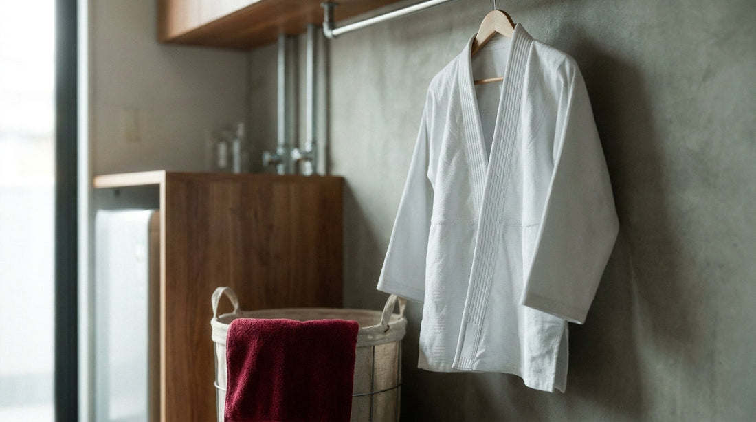 How to wash a BJJ gi: a clean white gi hung to dry by a window