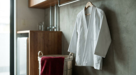 How to wash a BJJ gi: a clean white gi hung to dry by a window