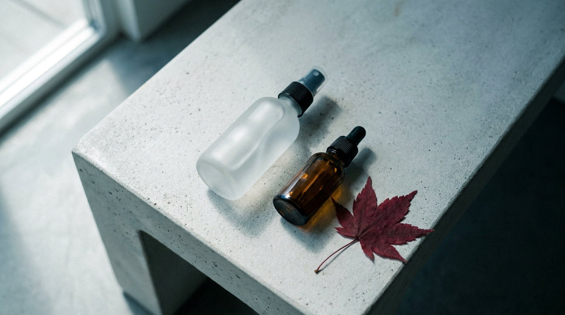 Flat-lay of a facial mist bottle and an amber retinol dropper bottle on a pale stone surface