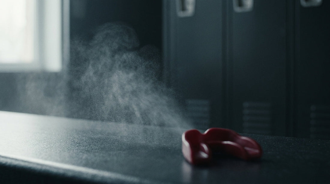 A fine clear hypochlorous acid (HOCl) mist being applied gently to skin against a soft, calm background