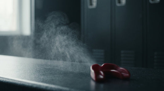 A fine clear hypochlorous acid (HOCl) mist being applied gently to skin against a soft, calm background