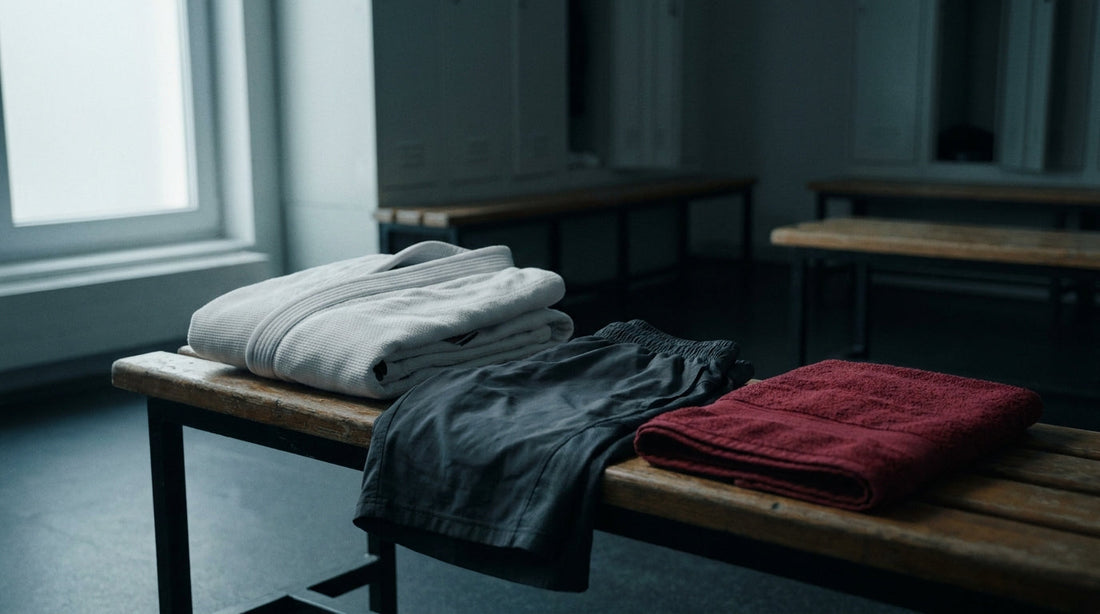 Jock itch in grapplers: fresh training kit and a clean towel in a BJJ locker room