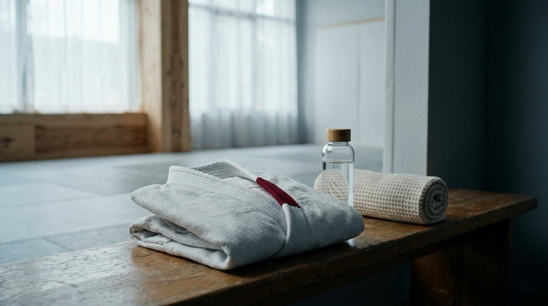 Kids' BJJ hygiene: a child-size white gi folded with fresh kit