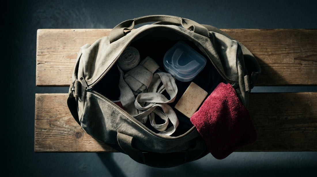 Natural soap bar inside an MMA gym bag alongside fight sports kit