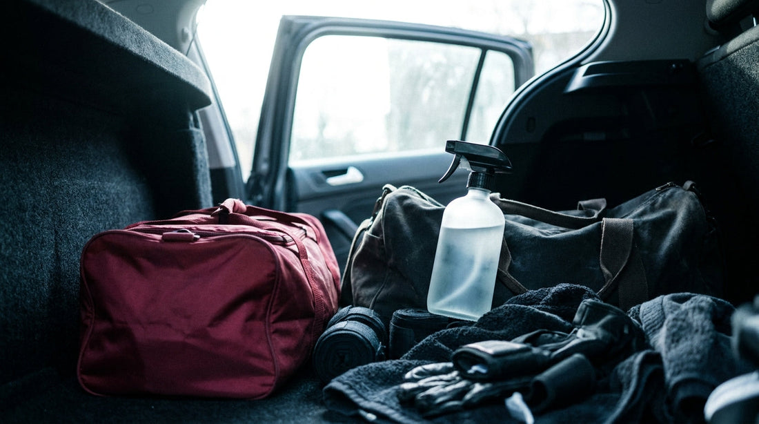 A rinse-free mist bottle on a kit bag in a car boot after training